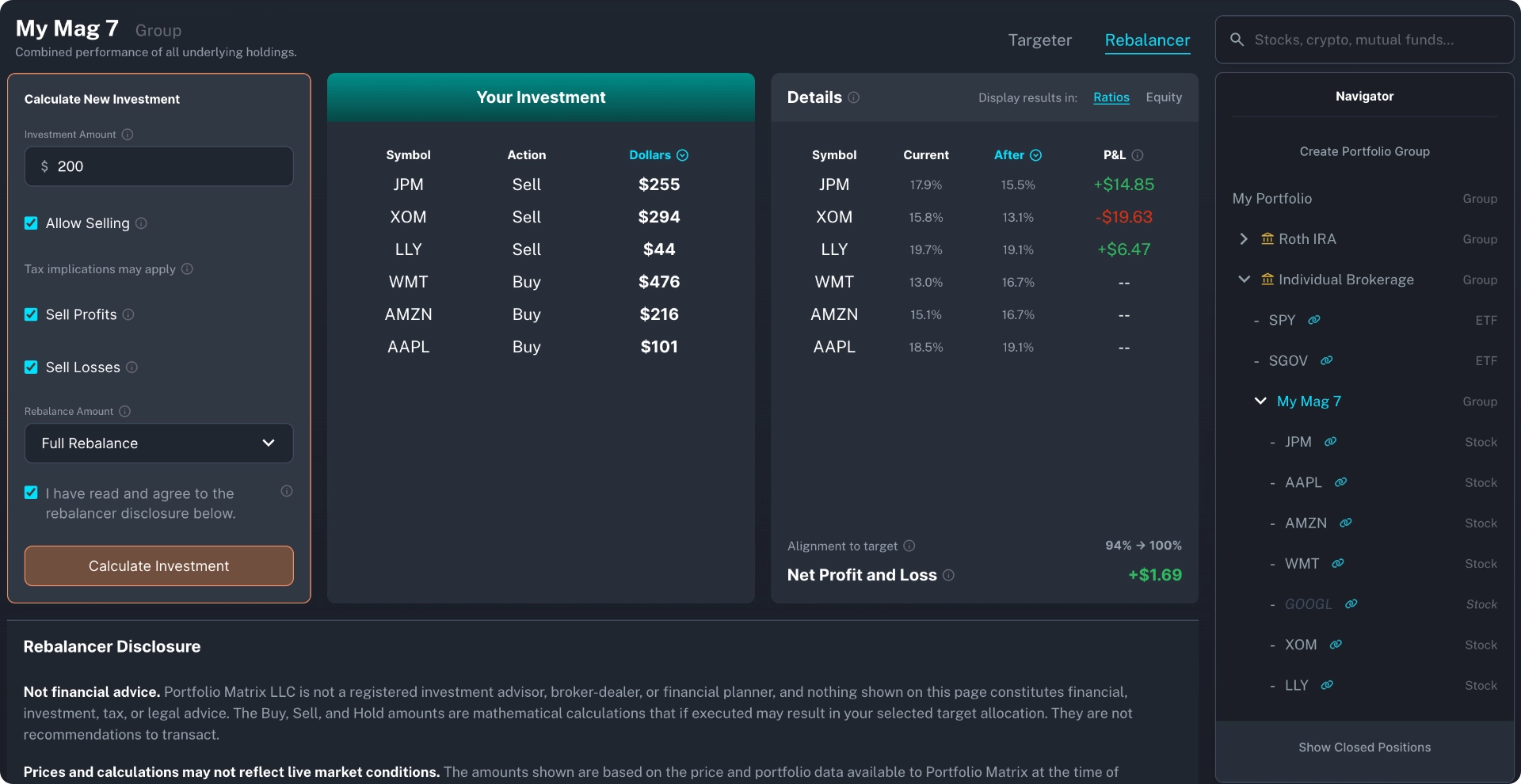 Portfolio rebalancer interface